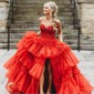 Ball Gown Strapless Tulle Ruffle Tiered Prom Dresses With Appliques