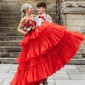 Ball Gown Strapless Tulle Ruffle Tiered Prom Dresses With Appliques