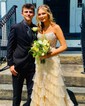 Ball Gown V-neck Tulle Tiered Prom Dresses With Appliques