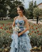 Ball Gown Halter Tulle Floral Ruffle Tiered Prom Dresses
