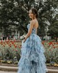 Ball Gown Halter Tulle Floral Ruffle Tiered Prom Dresses