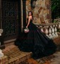 Ball Gown Strapless Tulle Ruffle Tiered Prom Dresses With Appliques