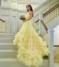 Ball Gown Strapless Tulle Ruffle Tiered Prom Dresses With Appliques