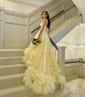 Ball Gown Strapless Tulle Ruffle Tiered Prom Dresses With Appliques