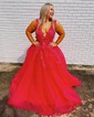 Princess V-neck Backless Tulle Prom Dresses With Appliques