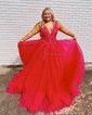 Princess V-neck Backless Tulle Prom Dresses With Appliques