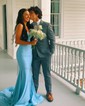 Mermaid V-neck Jersey Beaded Prom Dresses With Ruched