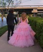 Ball Gown V-neck Glitter Tulle Ruffle Tiered Prom Dresses