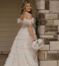 Ball Gown Off-the-shoulder Tulle Tiered Prom Dresses With Feather
