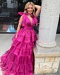 Ball Gown V-neck Tulle Ruffle Tiered Prom Dresses With Bow
