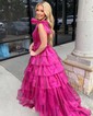 Ball Gown V-neck Tulle Ruffle Tiered Prom Dresses With Bow