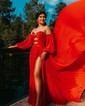 Ball Gown Off-the-shoulder Chiffon Pleated Prom Dresses With Puff Sleeve
