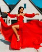 Ball Gown Off-the-shoulder Chiffon Pleated Prom Dresses With Puff Sleeve