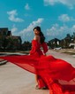Ball Gown Off-the-shoulder Chiffon Pleated Prom Dresses With Puff Sleeve