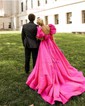 Ball Gown Off-the-shoulder Satin Puff Sleeve Two Piece Prom Dresses