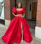 Ball Gown Off-the-shoulder Satin Puff Sleeve Two Piece Prom Dresses
