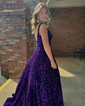 Ball Gown Square Neck Sparkly Velvet Sequin Prom Dresses