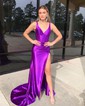 Mermaid V-neck Satin Corset Prom Dresses With Ruched