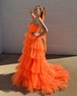 Ball Gown Halter Tulle Ruffle Tiered Prom Dresses