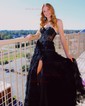 Ball Gown Strapless Chiffon Ruffle Tiered Prom Dresses With Beading