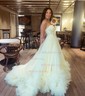 Ball Gown Strapless Tulle Ruffle Tiered Prom Dresses With Appliques