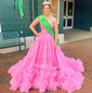 Ball Gown Strapless Tulle Ruffle Tiered Prom Dresses With Appliques