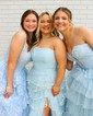 Ball Gown Strapless Tulle Tiered Prom Dresses With Appliques