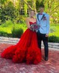 Ball Gown Strapless Tulle Ruffle Tiered Prom Dresses