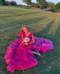 Ball Gown V-neck Tulle Ruffle Tiered Prom Dresses With Bow