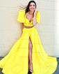 Ball Gown Off-the-shoulder Satin Puff Sleeve Two Piece Prom Dresses