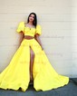 Ball Gown Off-the-shoulder Satin Puff Sleeve Two Piece Prom Dresses