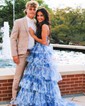 Ball Gown Halter Tulle Floral Ruffle Tiered Prom Dresses