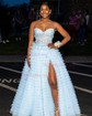 Ball Gown Strapless Tulle Ruffle Tiered Prom Dresses With Appliques