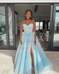 Ball Gown Strapless Tulle Ruffle Tiered Prom Dresses With Appliques