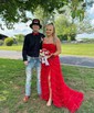 Ball Gown Strapless Tulle Tiered Prom Dresses With Appliques