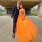 Princess V-neck Backless Tulle Prom Dresses With Appliques