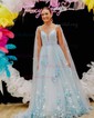 Ball Gown V-neck Tulle Prom Dresses With Appliques