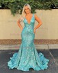 Mermaid V-neck Backless Sparkly Sequin Prom Dresses