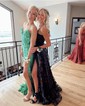 Sheath/Column V-neck Sparkly Sequin Backless Prom Dresses With Appliques