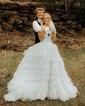 Ball Gown V-neck Tulle Ruffle Tiered Prom Dresses
