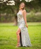 Mermaid V-neck Sparkly Velvet Sequin Prom Dresses With Beading