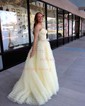 Ball Gown Strapless Tulle Ruffle Tiered Prom Dresses With Appliques