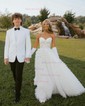 Ball Gown Strapless Tulle Ruffle Tiered Prom Dresses With Appliques