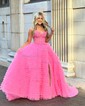 Ball Gown Strapless Tulle Ruffle Tiered Prom Dresses With Appliques