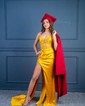 Sheath/Column V-neck Satin Floor-length Corset Prom Dresses With Ruched