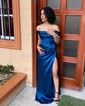 Sheath/Column Off-the-shoulder Satin Prom Dresses With Ruched