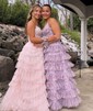Ball Gown V-neck Tulle Tiered Prom Dresses With Appliques
