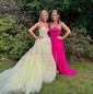 Ball Gown Strapless Tulle Ruffle Tiered Prom Dresses With Appliques
