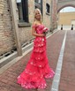 Ball Gown Off-the-shoulder Tulle Tiered Prom Dresses With Appliques