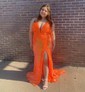 Sheath/Column V-neck Sparkly Sequin Backless Prom Dresses With Appliques